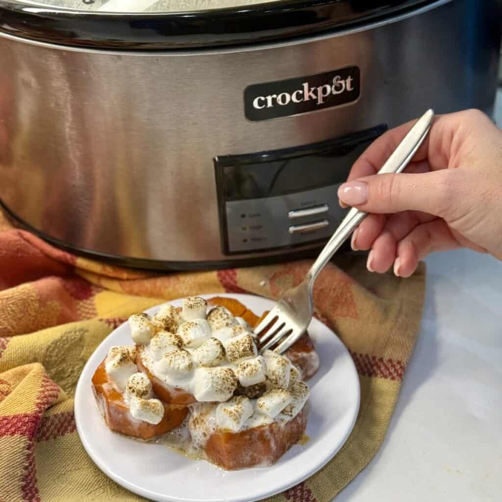 A saucer full of crockpot sweet potato casserole.