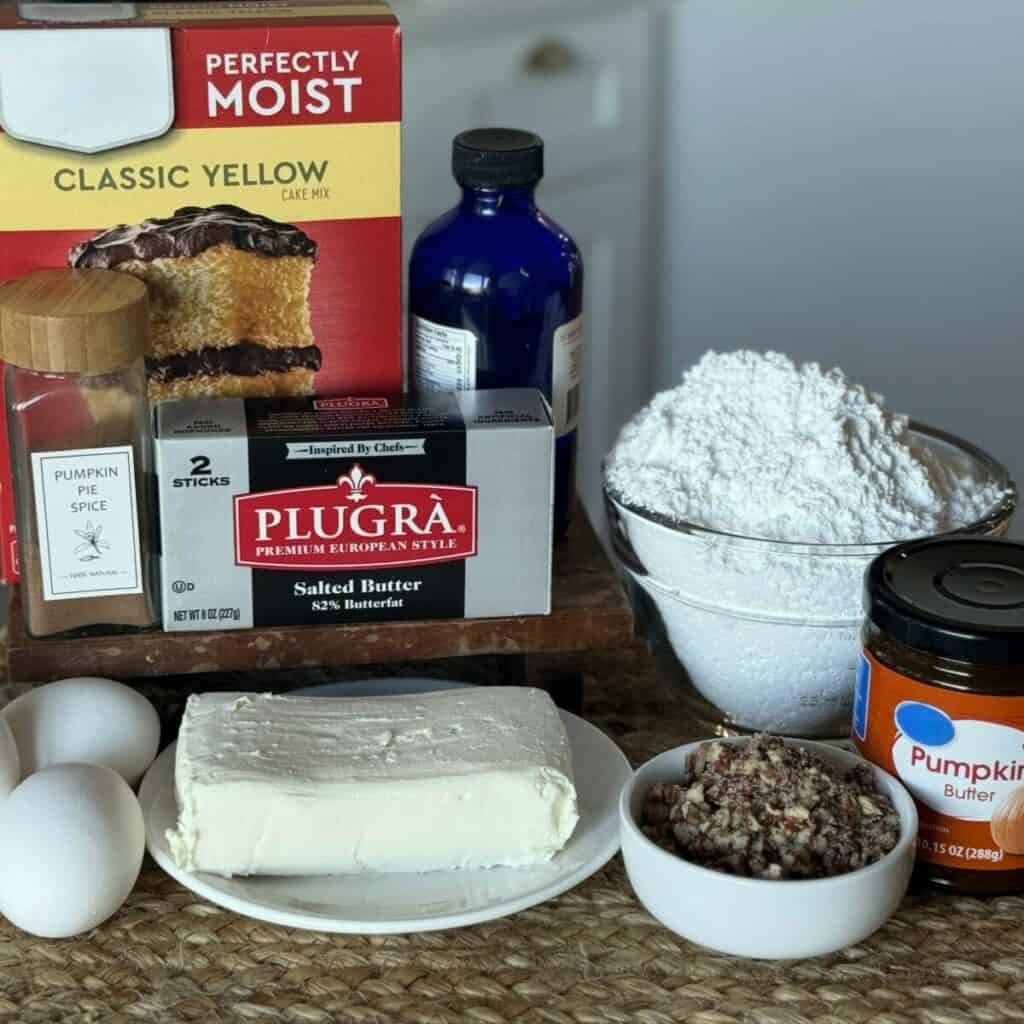 The ingredients to make pumpkin gooey butter cake.
