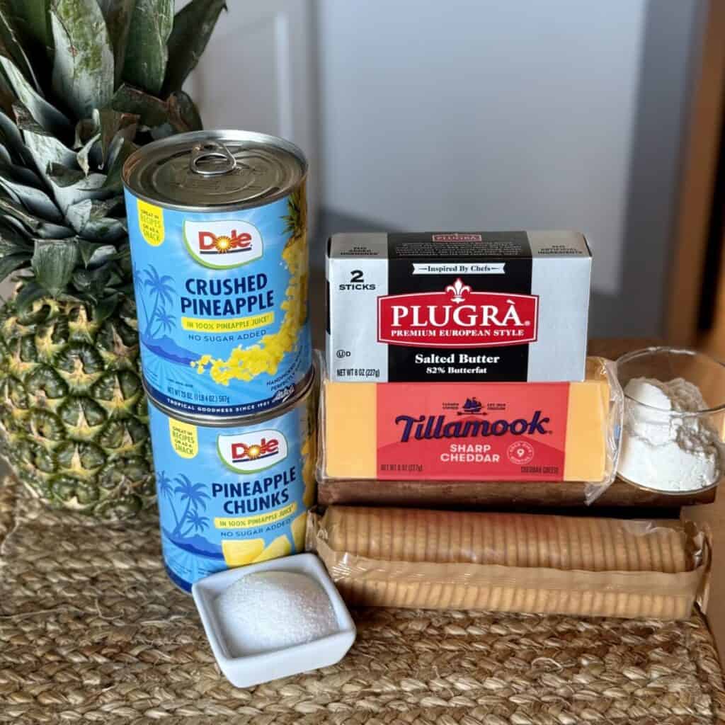 The ingredients to make a pineapple casserole recipe.