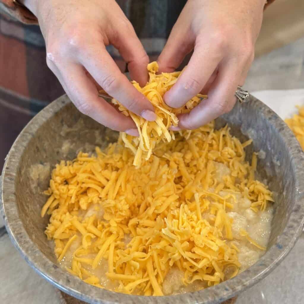 Missing the ingredients in a bowl for pineapple casserole recipe.