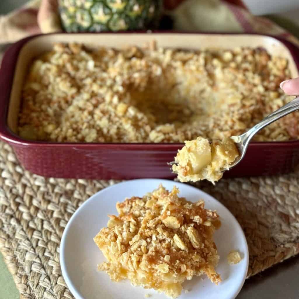 A saucer of pineapple casserole recipe.