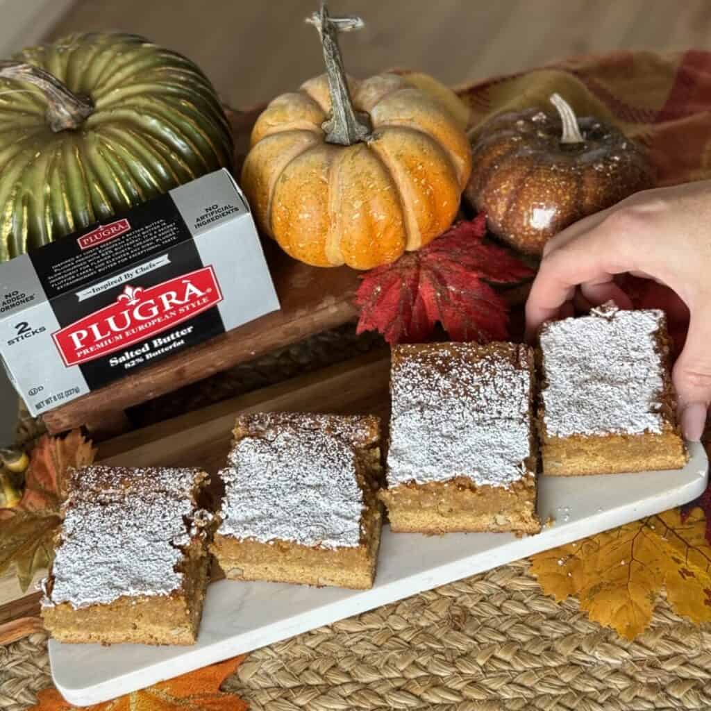 Slices of pumpkin gooey butter cake.