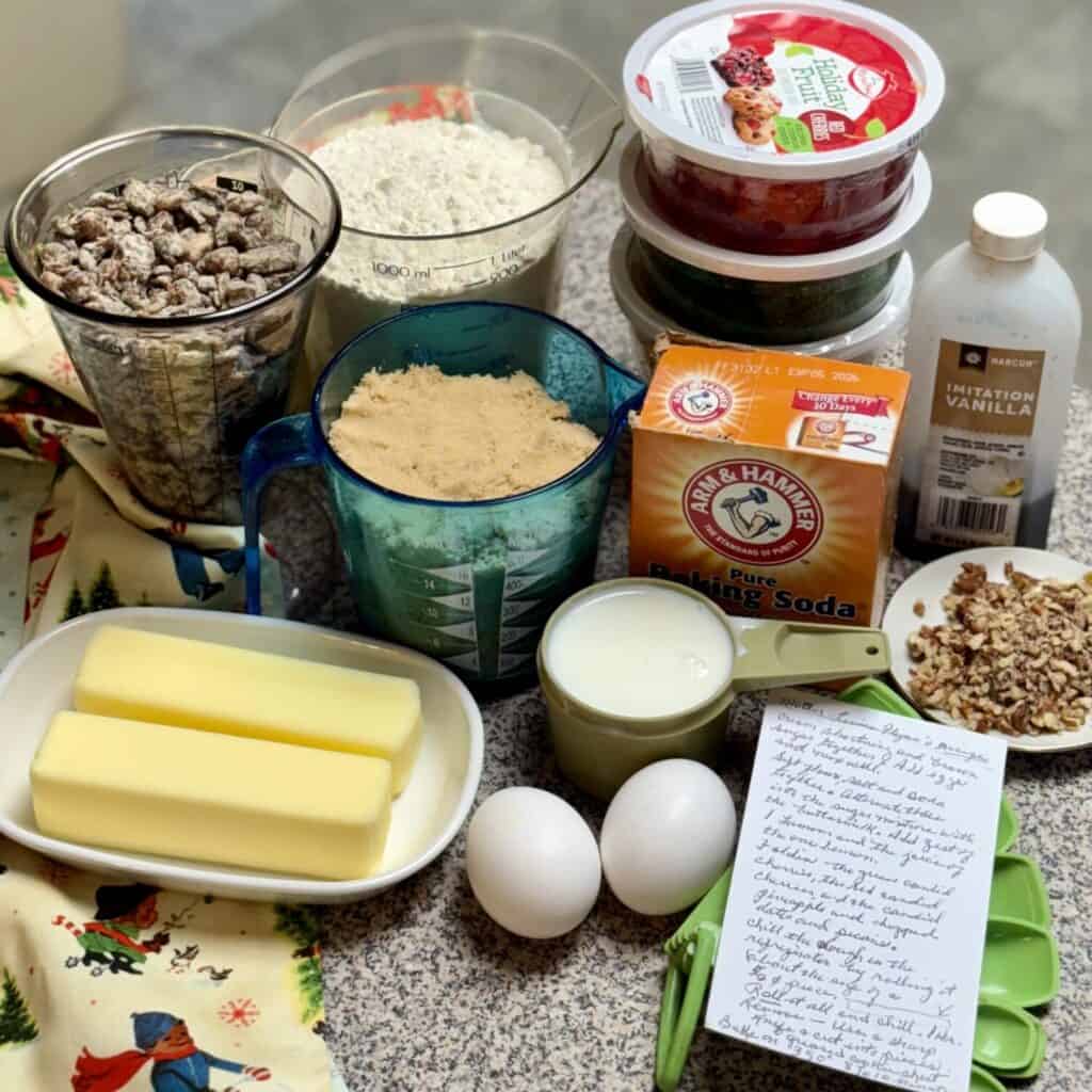 The ingredients to make fruitcake cookies.
