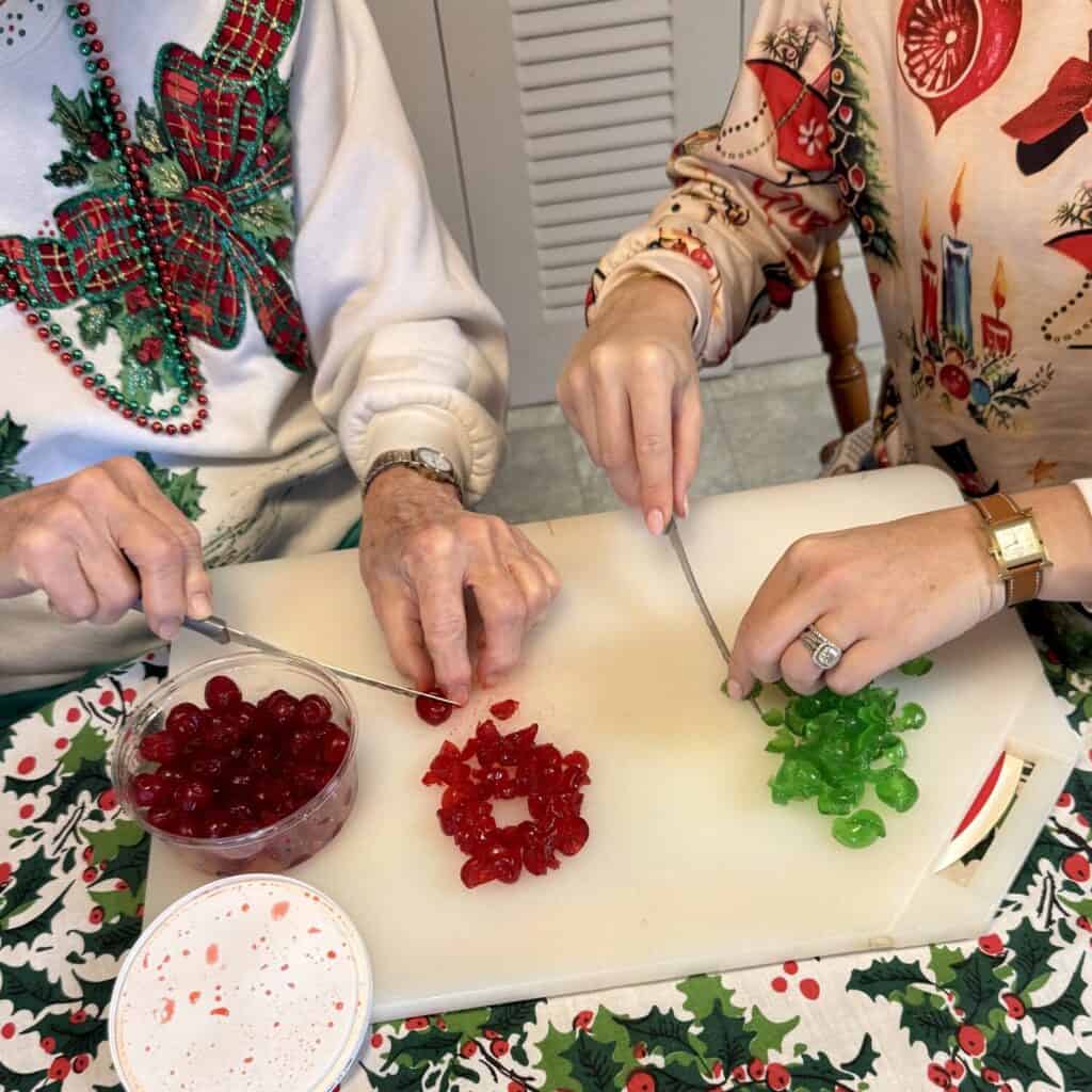 Chopping dried fruit for fruitcake cookies.