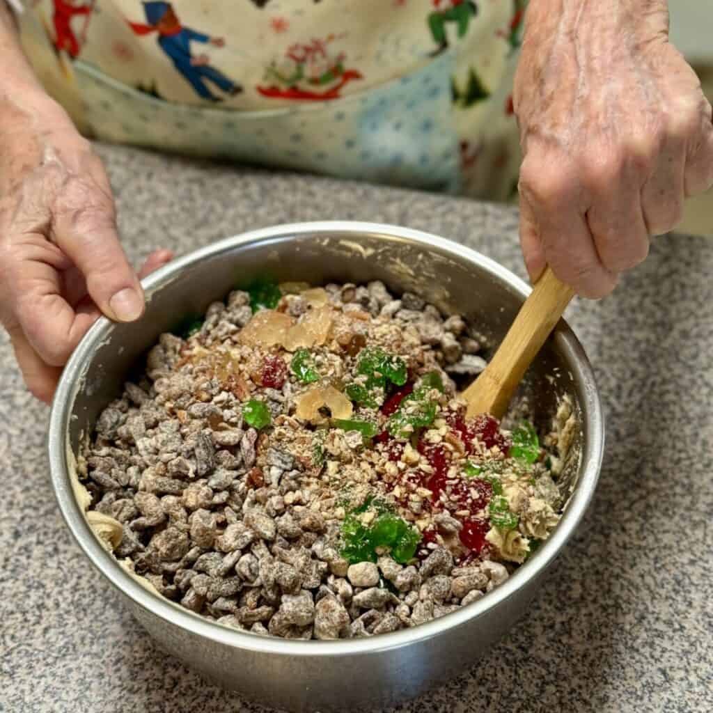 Fruitcake cookie dough in a bowl.