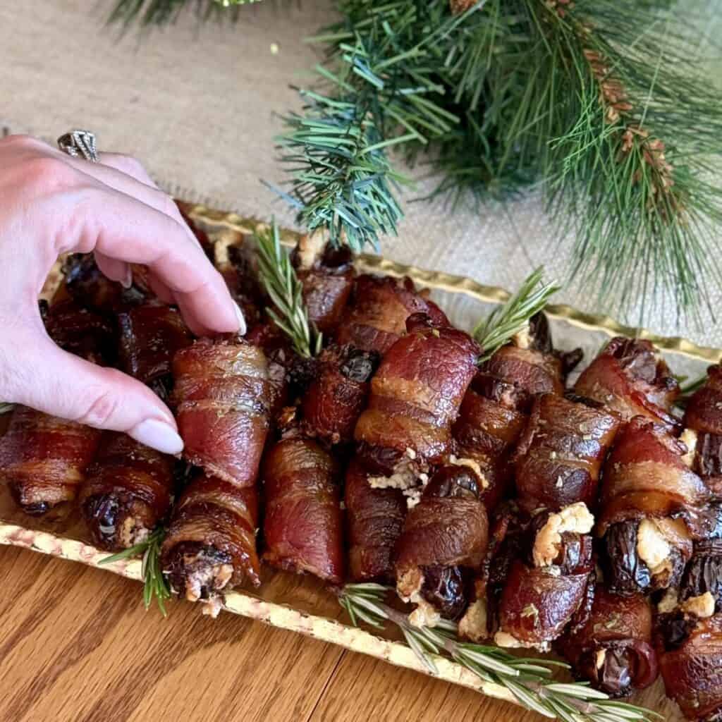 A plate of bacon wrapped dates.