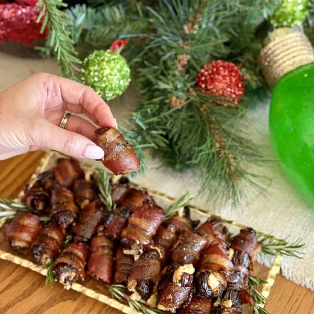 A plate of bacon wrapped dates.