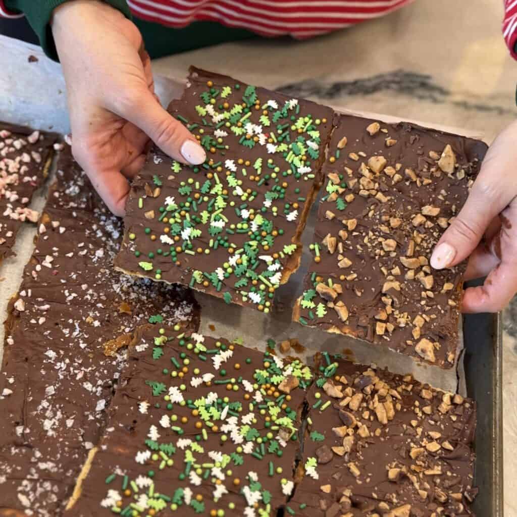 Breakfast saltine cracker toffee in pieces.