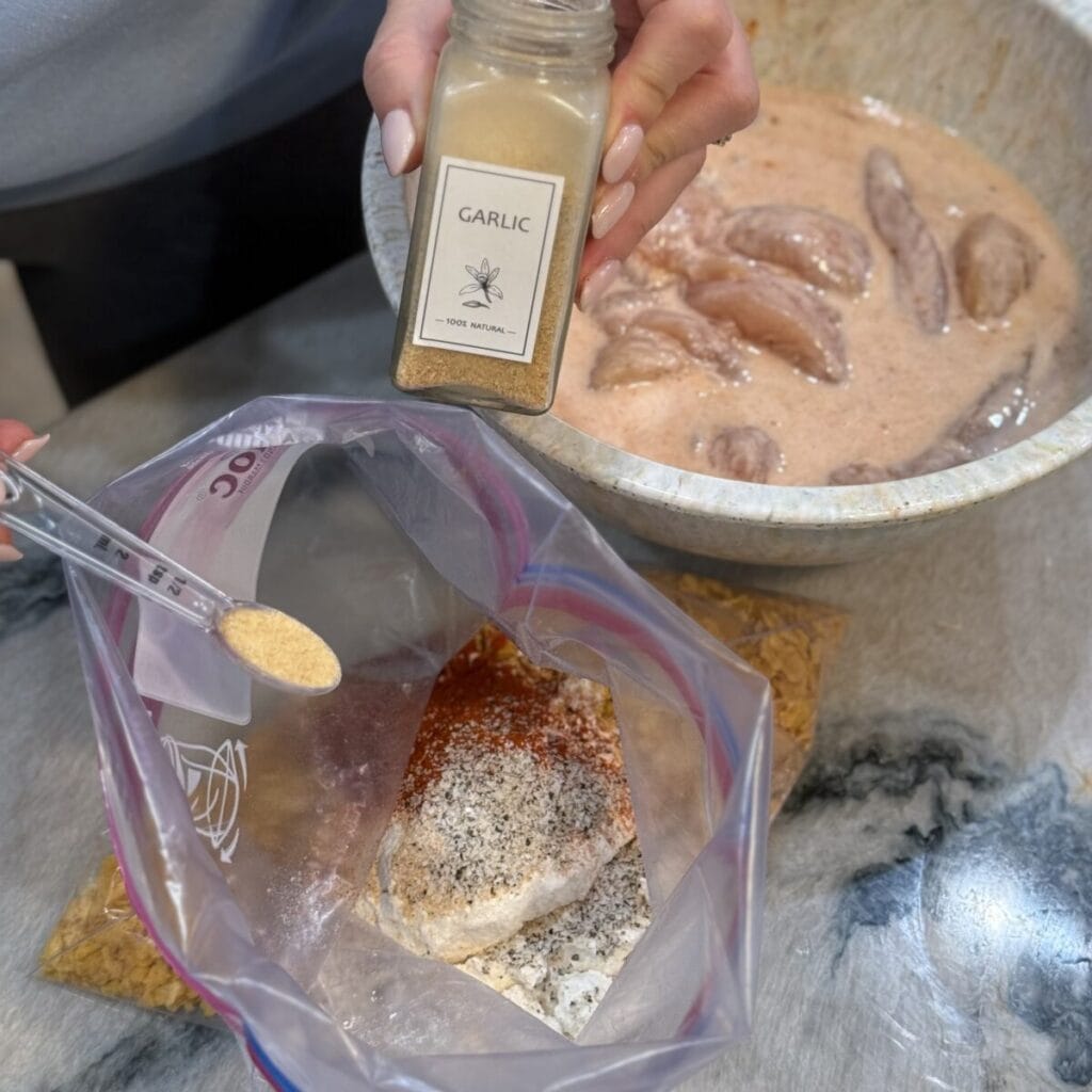 The batter in a bowl for cornflake chicken tenders.