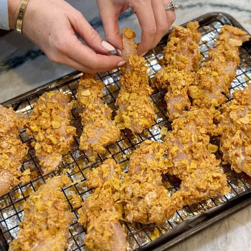 A pan of cornflake chicken tenders.