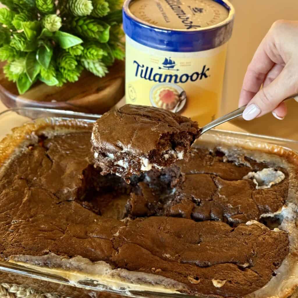 A spoon of earthquake cake.