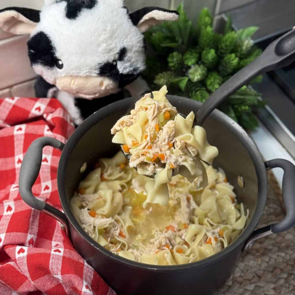 A pan of chick-fil-a chicken noodle soup.