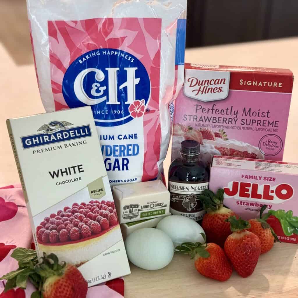 The ingredients to make strawberry brownies.