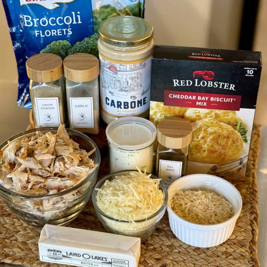 The ingredients to make chicken and biscuit casserole.