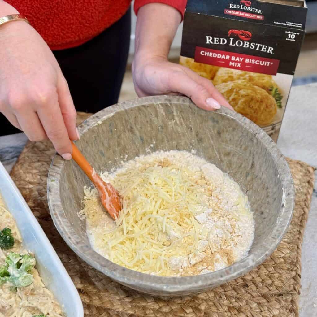 Making the biscuits for chicken and biscuit casserole.