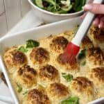 A pan of chicken and biscuit casserole.