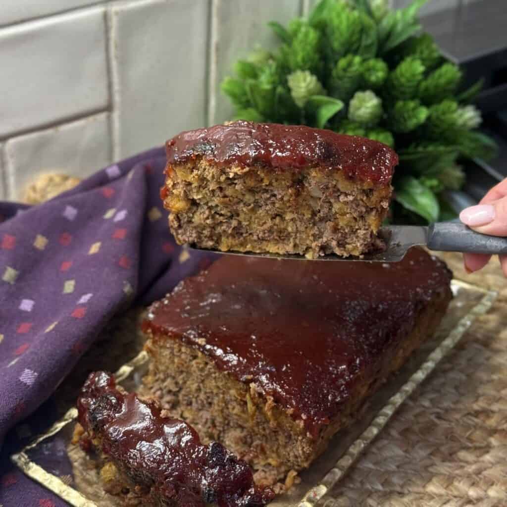 A slice of stovetop stuffing meatloaf.