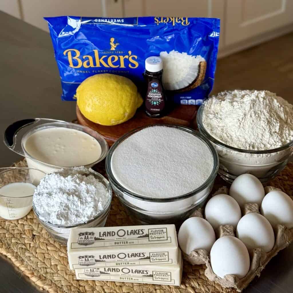 The ingredients to make a coconut pound cake.
