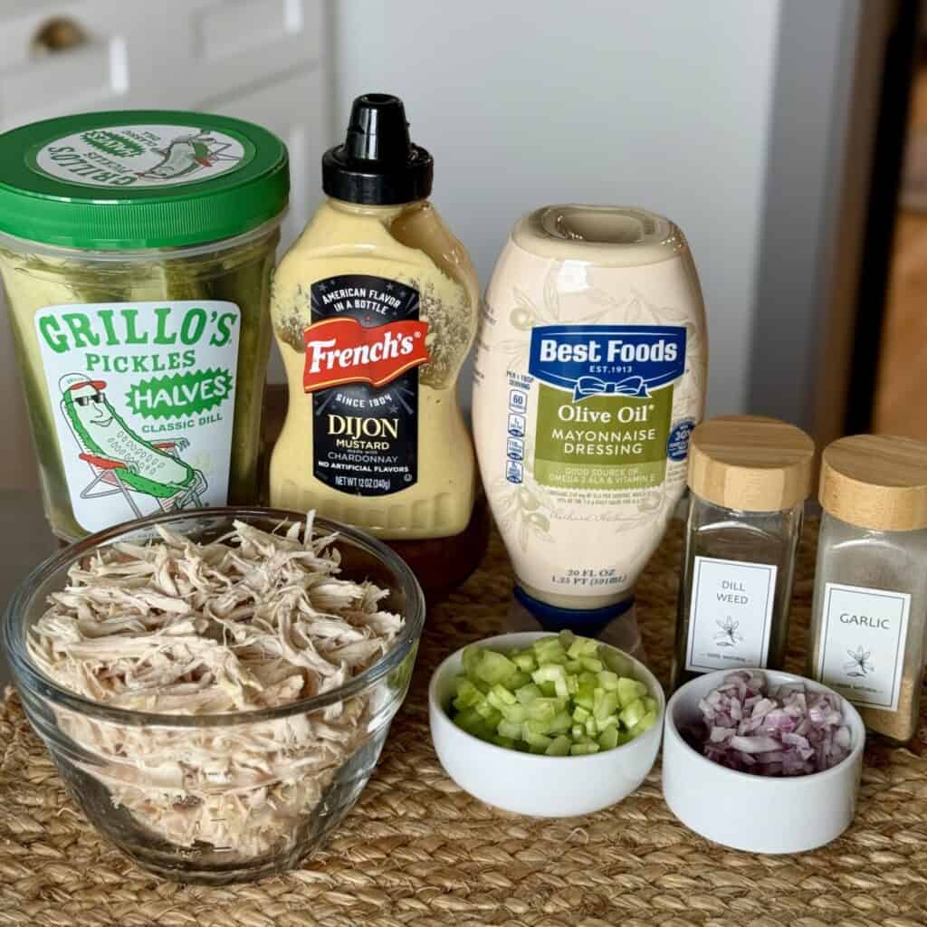 The ingredients to make dill pickle chicken salad.