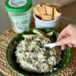 A bowl of dill pickle chicken salad.