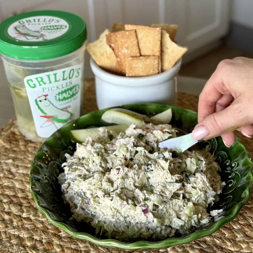 A bowl of dill pickle chicken salad.
