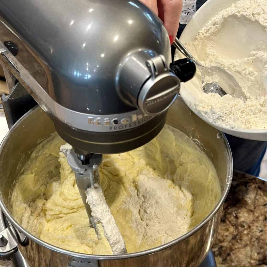 Mixing the batter for a coconut pound cake.