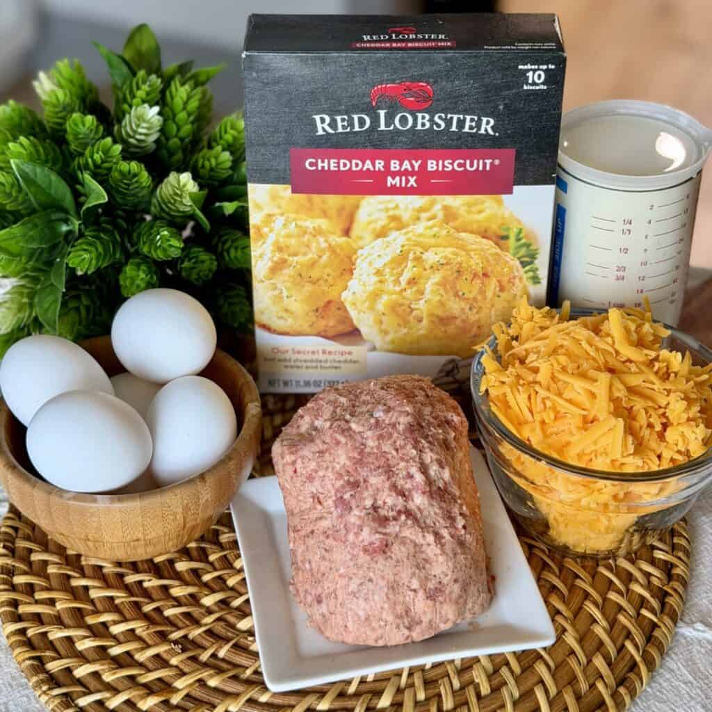 The ingredients to make red lobster sausage biscuit muffins.