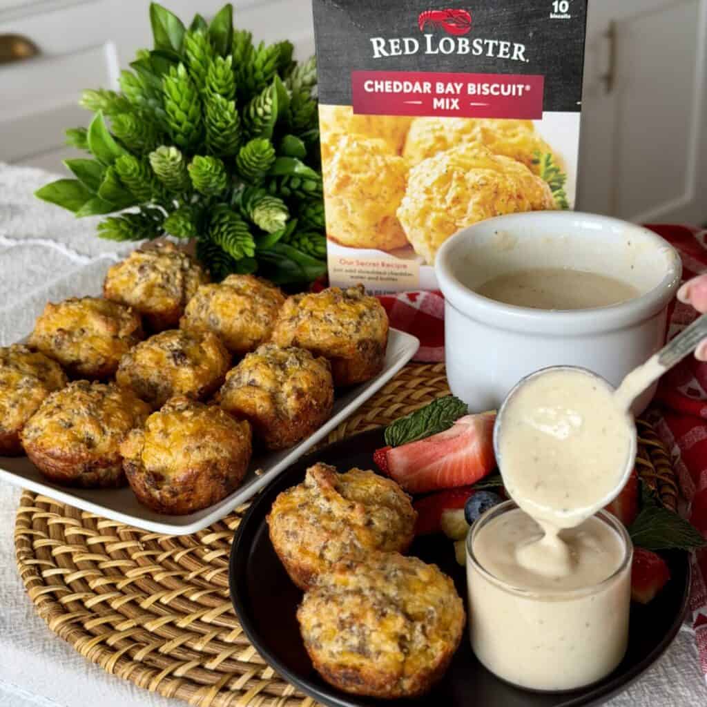 Sausage biscuit muffins and gravy. 