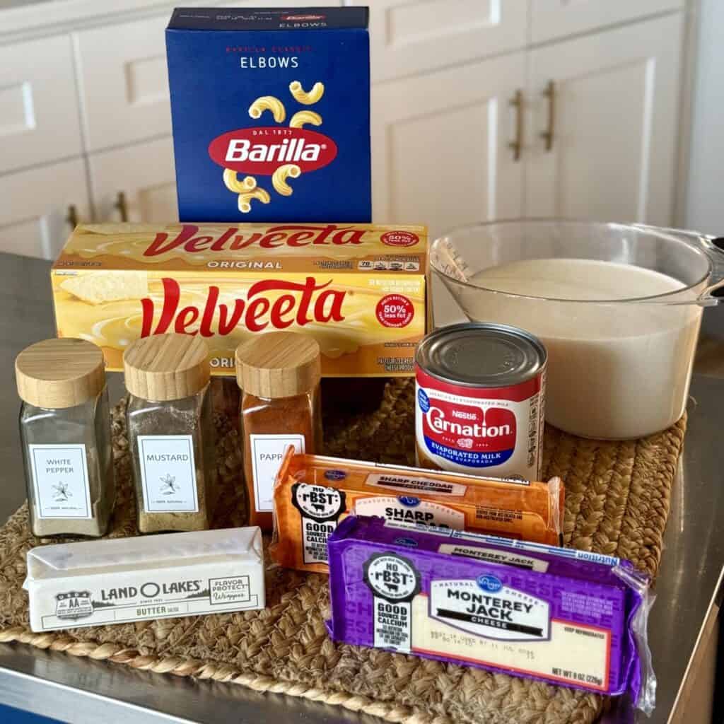 Ingredients to make slow cooker velveeta Mac and cheese. 