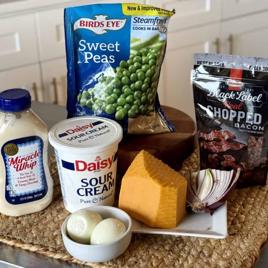 The ingredients to make pea salad. 
