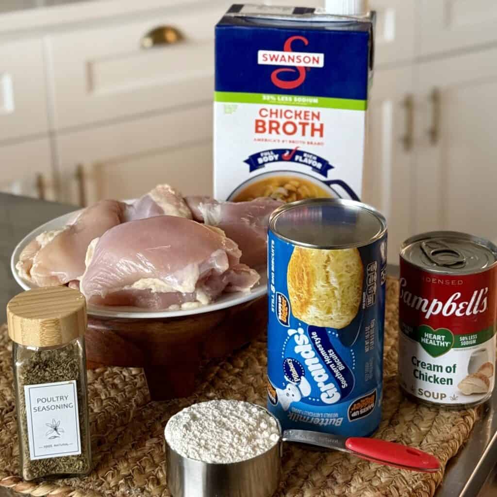 The ingredients to make Chicken and Dumplings with Canned Biscuits.