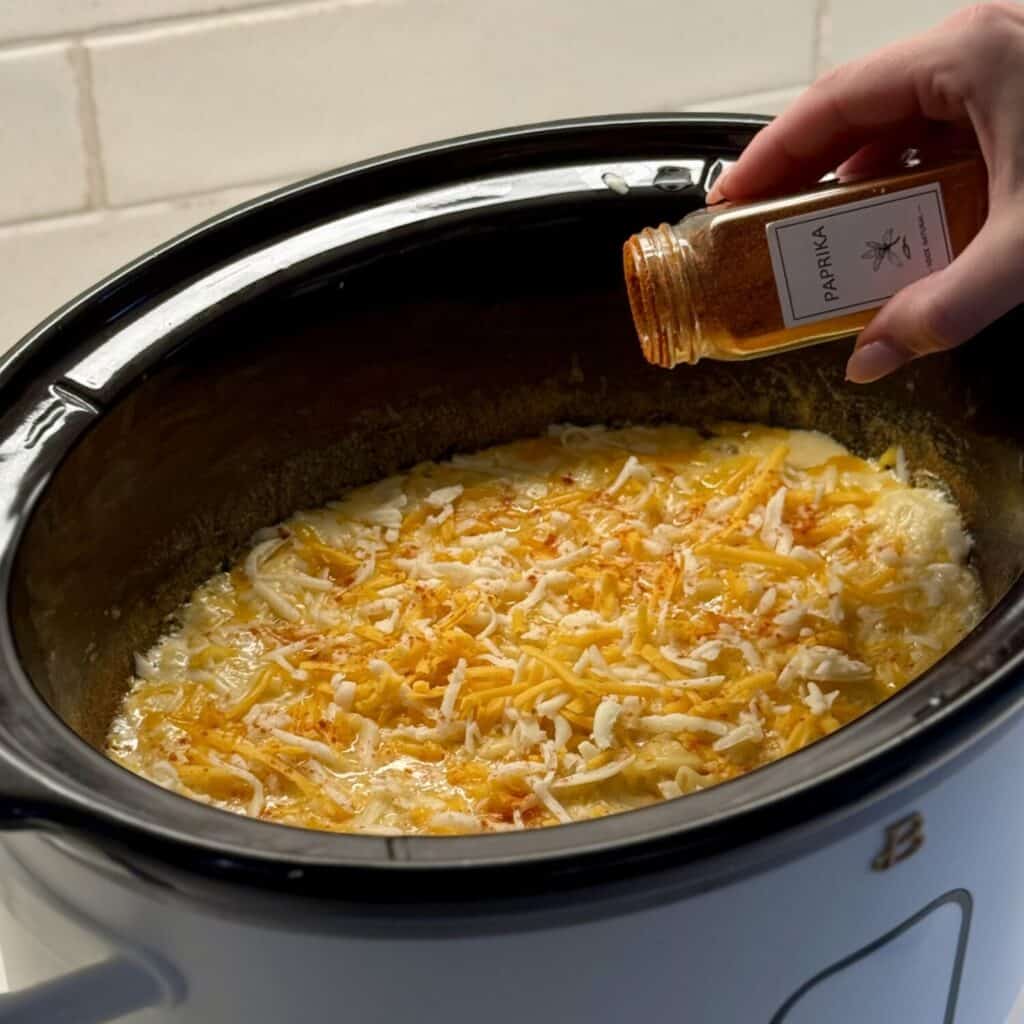 Adding paprika to slow cooker Mac and cheese.