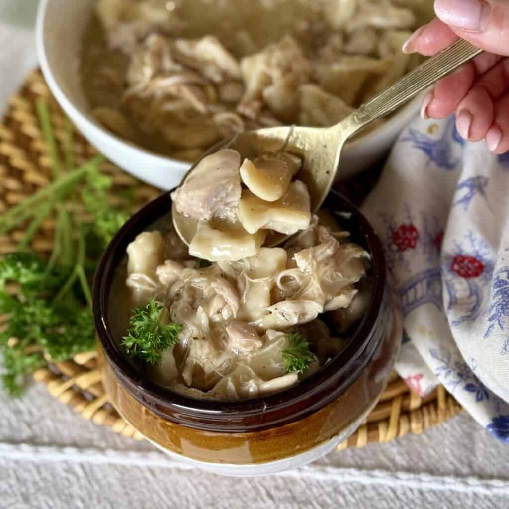 A bowl of Chicken and Dumplings with Canned Biscuits.