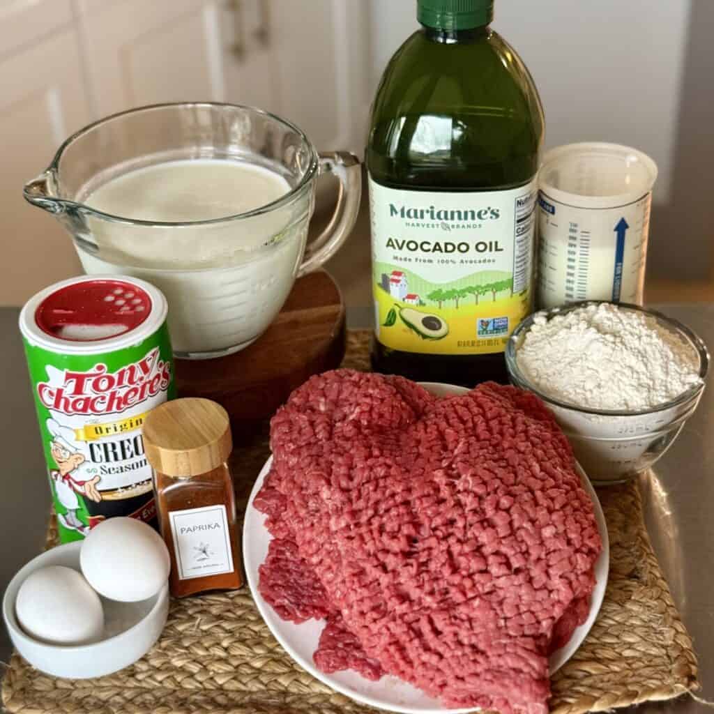The ingredients to make chicken fried steak.