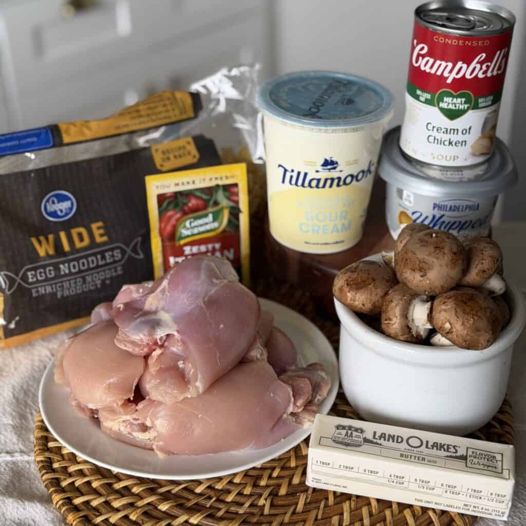 Ingredients for slow cooker chicken stroganoff.