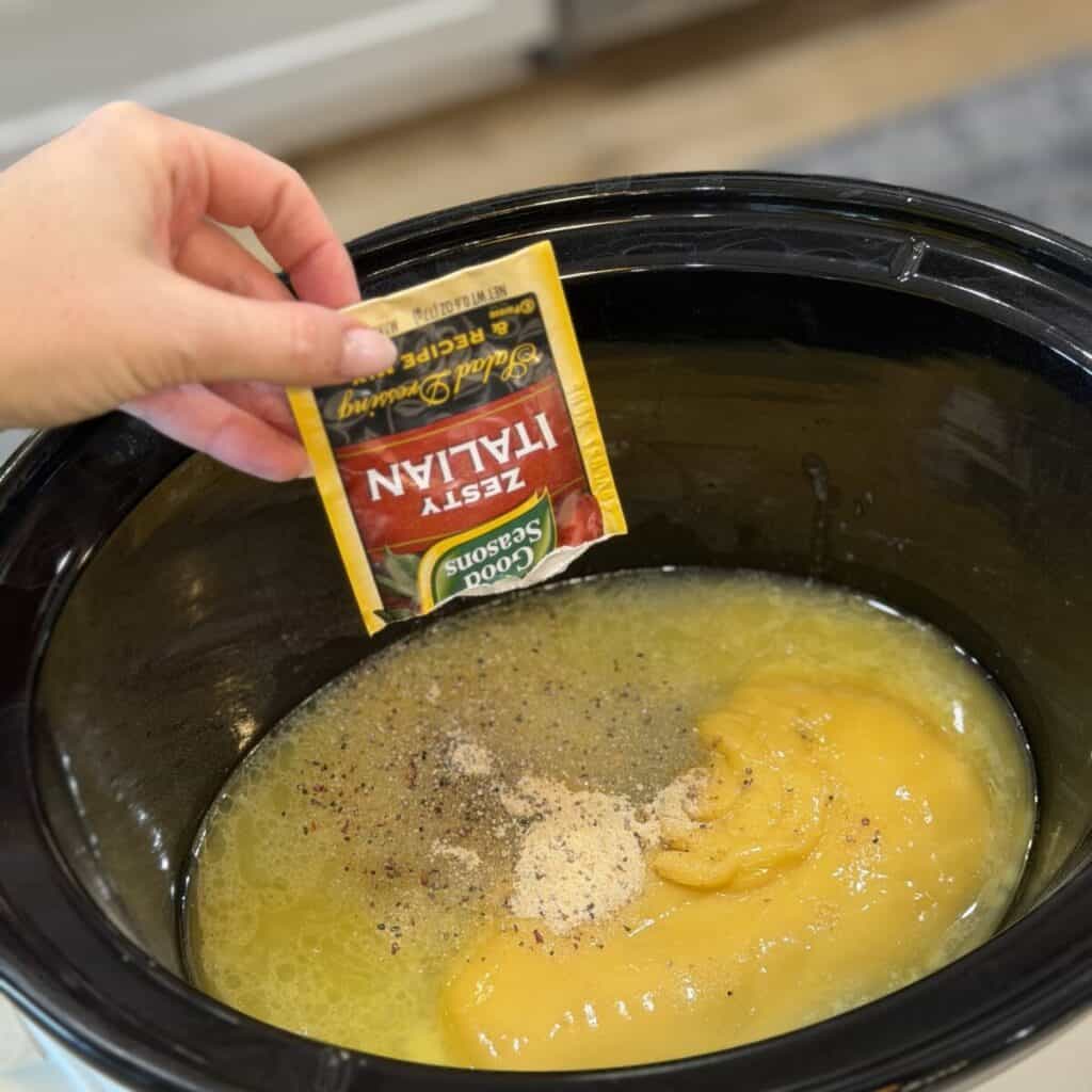 Mixing ingredients in a crockpot for slow cooker chicken stroganoff.