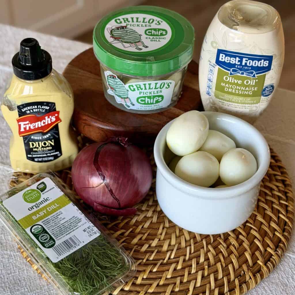 The ingredients to make dill pickle egg salad.
