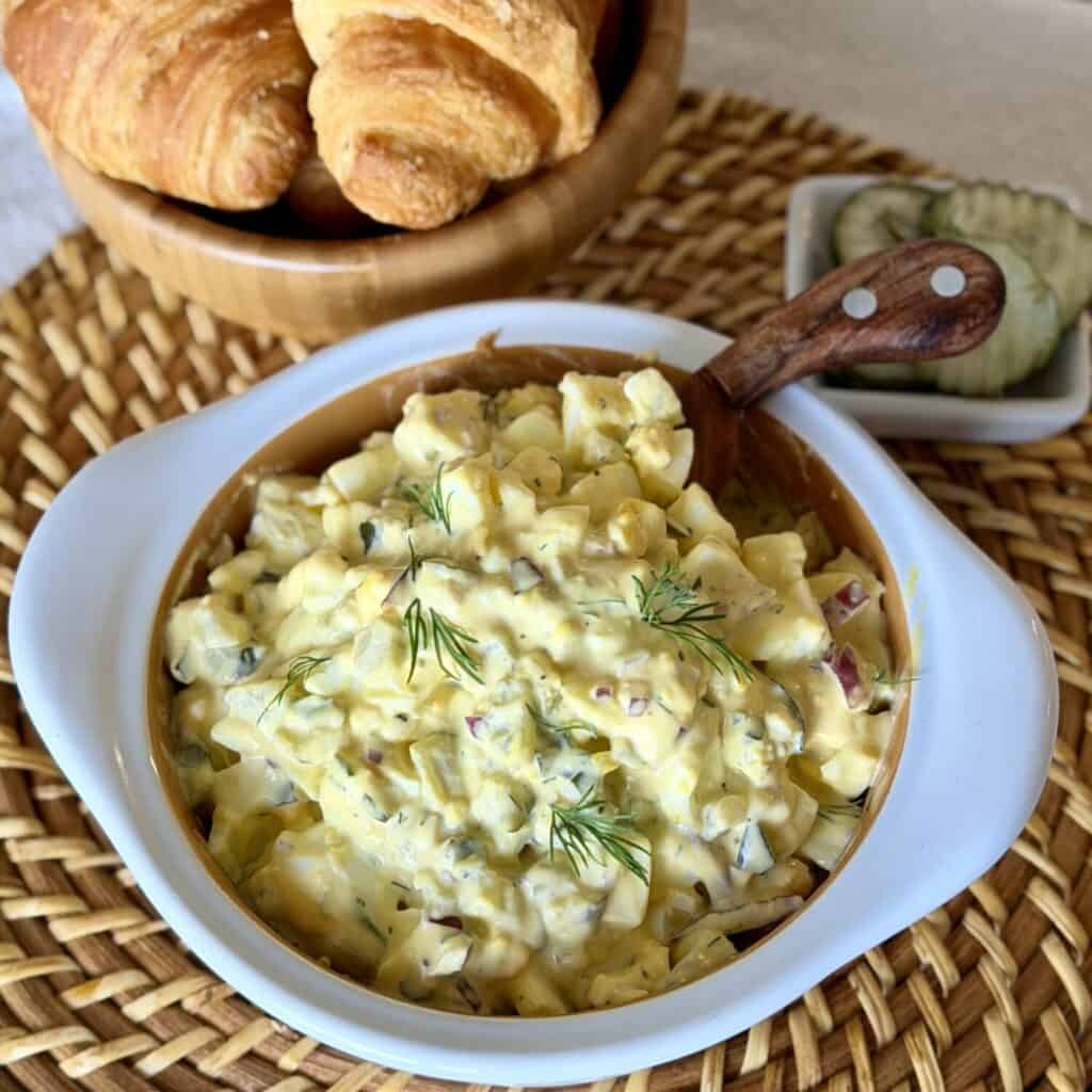 A bowl of dill pickle egg salad.