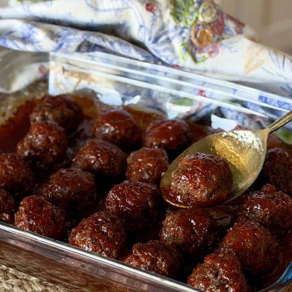 A serving plate of ham balls.