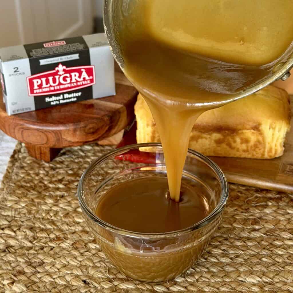 Brown sugar butter sauce in a bowl.