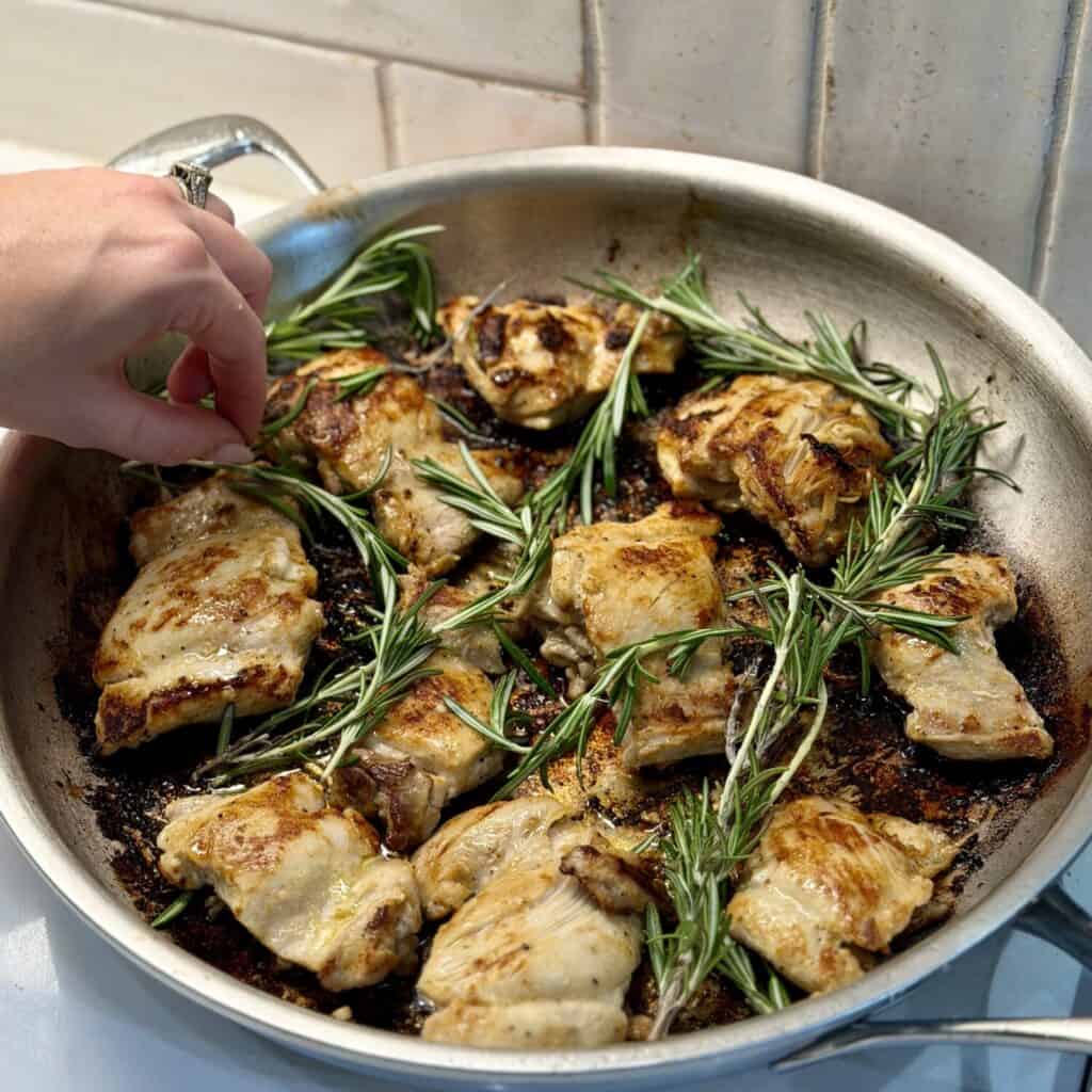 A pan of rosemary garlic chicken.