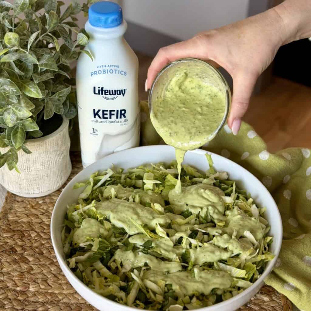 A bowl of green goddess salad.