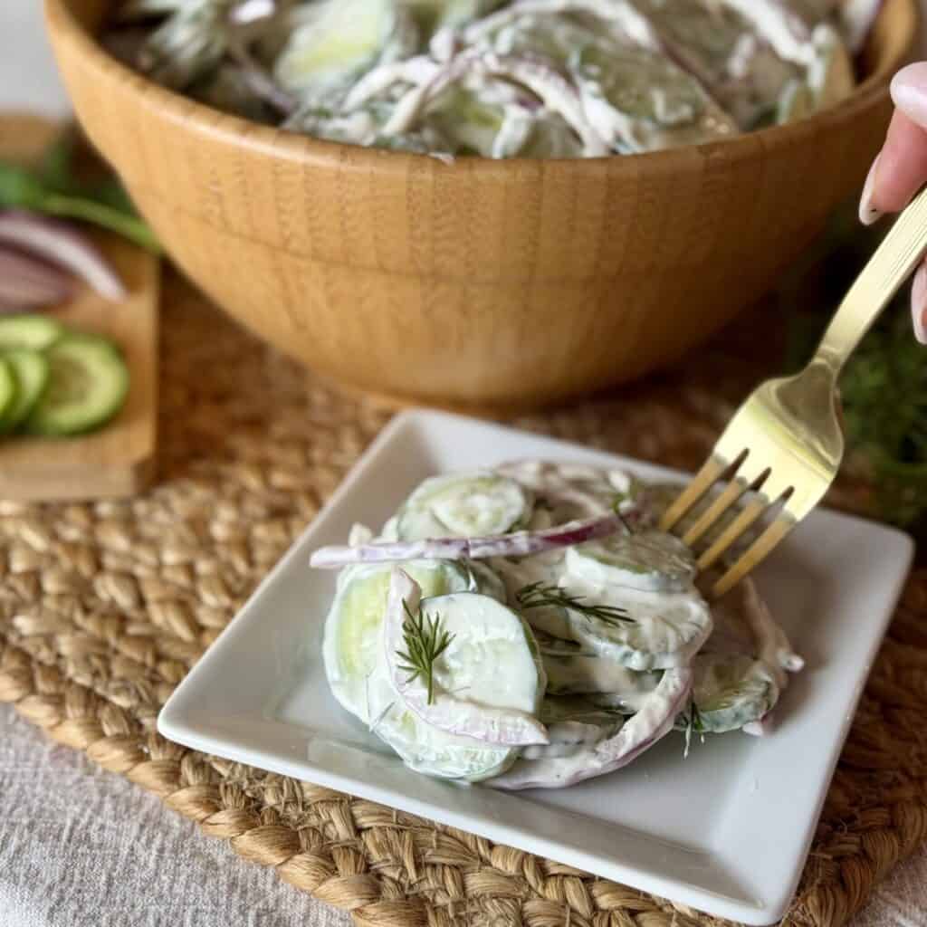 A plate of Creamy Cucumber salad.