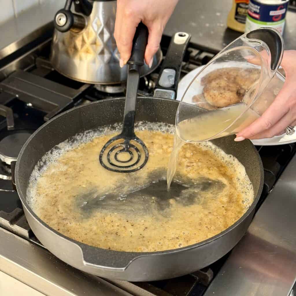 Adding wet ingredients into the pan.