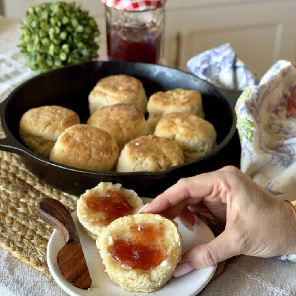 Lard biscuits with a spread of jam.