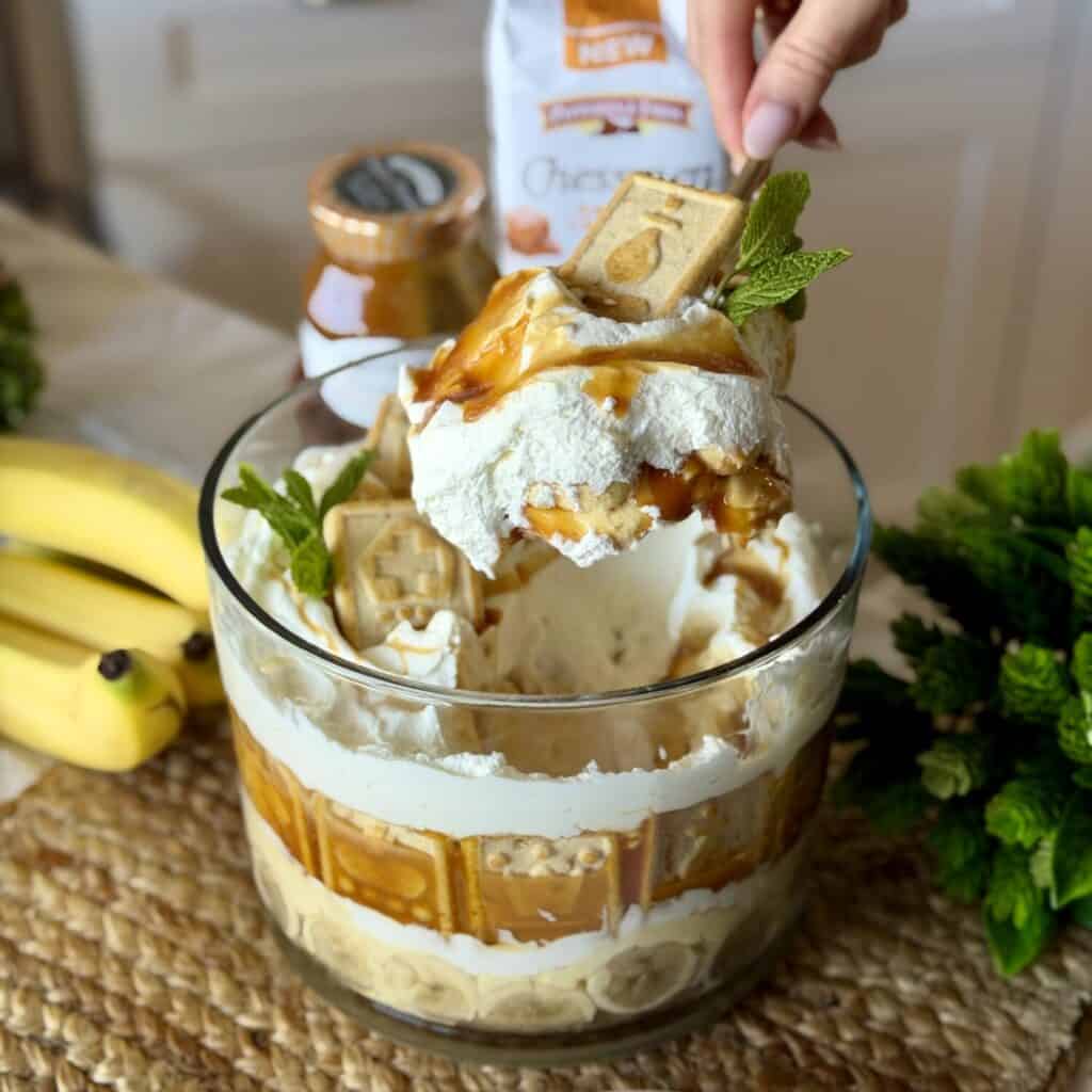 A spoonful of Banana Pudding Trifle Dessert.