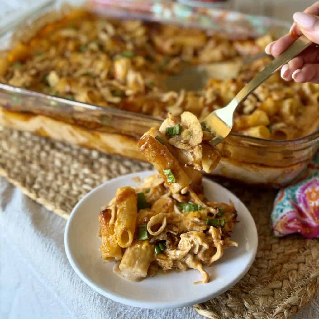 A plate of Barbecue Chicken Casserole.