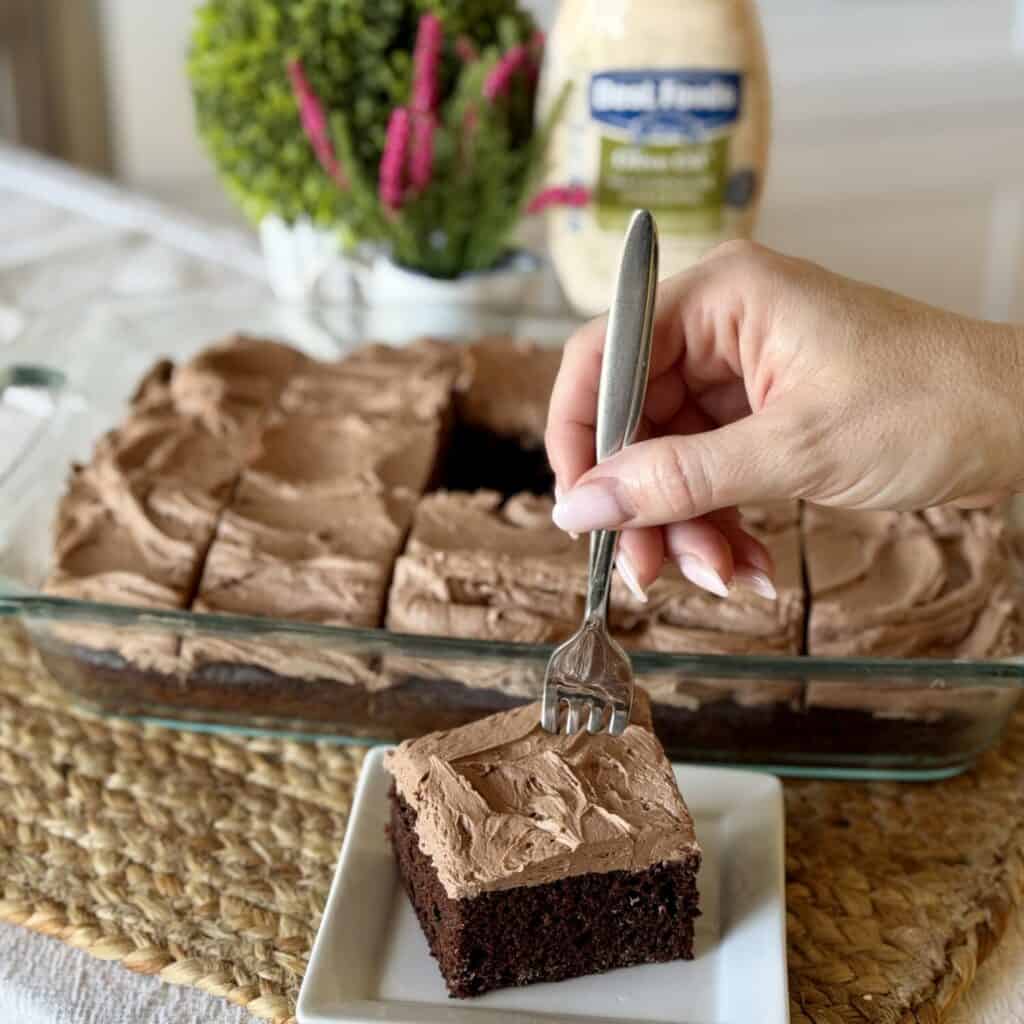 A plate of Chocolate Mayonnaise Cake.