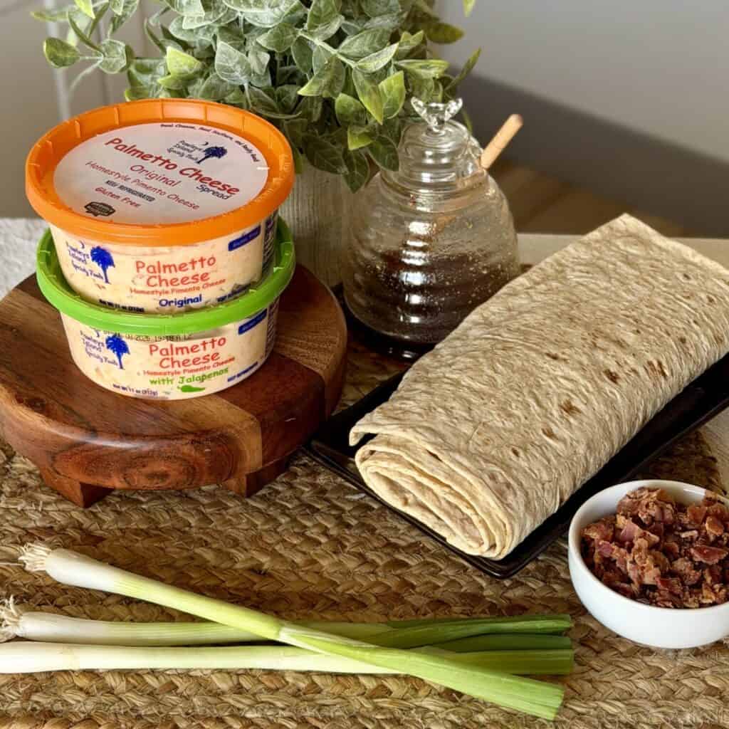 The ingredients to make pimento cheese pinwheels.