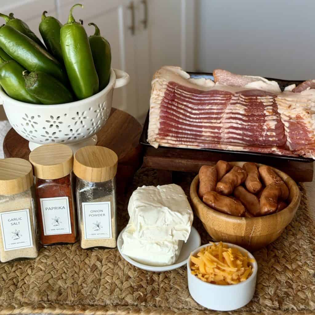 Ingredients for Bacon wrapped jalapeño poppers.